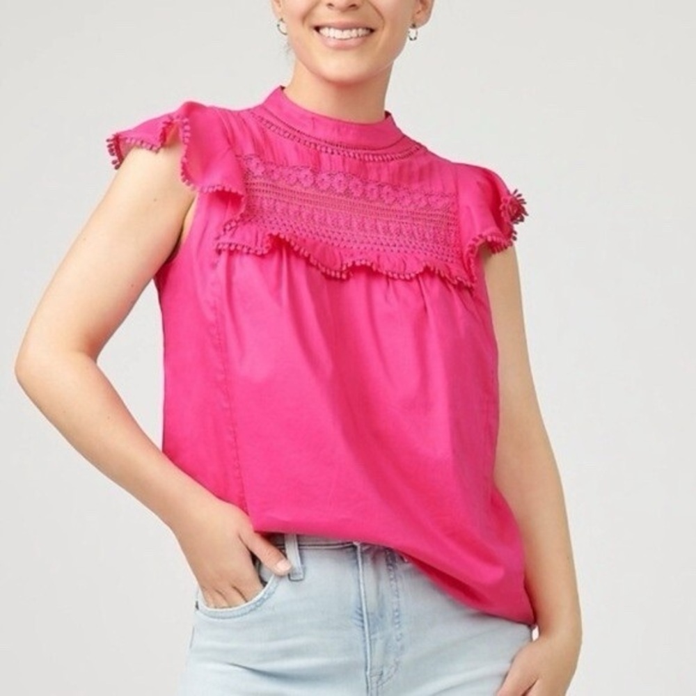 J. Crew Flutter Sleeve Crocheted‎ Lace Top Embroidered Hot Pink size Medium